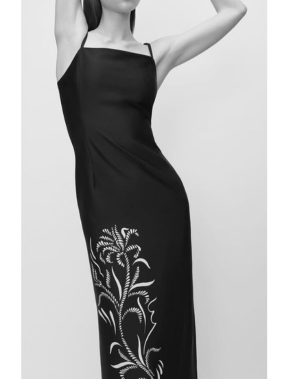 Marella Classic Black Spaghetti Strap Dress with White Floral Detail S